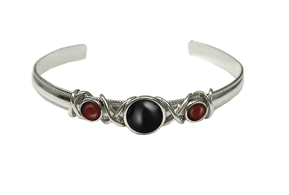 Sterling Silver Hand Made Cuff Bracelet With Black Onyx And Red Tiger Eye